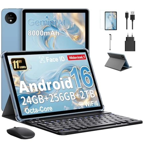 Offerta a tempo: Tablet 11 Pollici con Gemini AI, Tablet Android 16 con Custodia, Mouse & Tastiera, Octa-Core, 24 GB RAM + 256 GB ROM + 2 TB TF, 1920x1200 Display HD, 90Hz, Fotocamera Doppia 8MP+13MP, 8000mAh (Blu) - 15% da 159.00 € a 134.46 €