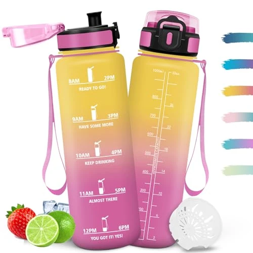 Mulbijeo Butelka na wodę o pojemności 1 l, bez BPA, butelka na siłownię, odporna na wycieki i wielokrotnego użytku, motywacyjna butelka, wskaźnik czasu, butelki na siłownię, do biura, na zewnątrz