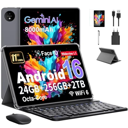 Offerta a tempo: Tablet 11 Pollici con Gemini AI, Tablet Android 16 con Cover, Mouse & Tastiera, Octa-Core, 24 GB RAM + 256 GB ROM + 2 TB TF, 1920x1200 Display HD, 90 Hz, Fotocamera Doppia 8MP + 13MP, 8000mAh (Grigio) - 25% da 159.00 € a 119.17 €