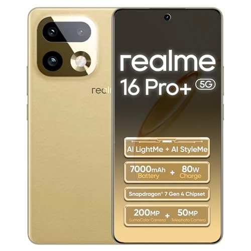 Offerta a tempo: realme 16 Pro+ 5G Smartphone 12+512GB,Oro Master,6,8'' AMOLED 144Hz,Ricarica 80W Ultra Veloce,Batteria 7000mAh,Tripla Fotocamera 200MP,Snapdragon 7 Gen4,Fotocamera Frontale 50MP,IP69 - 23% da 599.99 € a 459.99 €