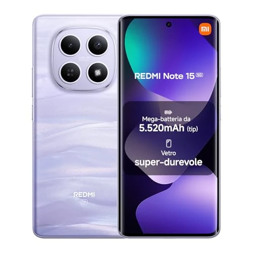 Offerta a tempo: XIAOMI REDMI Note 15 5G, Smartphone 8+512GB, Design ultrasottile, Resistenza IP65, Fotocamera super nitida da 108 MP, Display FHD+ da 6,77", Viola Nebbia, Garanzia 2 anni, Caricatore non incluso - 9% da 329.90 € a 299.90 €