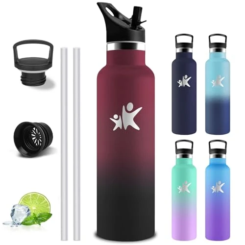 Sports Water Bottle, 1 Litre, Stainless Steel, Thermos Flask with 2 Lids, Double-Walled Vacuum Insulated, Sports Drinking Bottles, 1 Litre, Leak-Proof, Thermos for Travel, Hiking, Fitness, Gym
