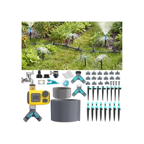Offerta a tempo: TRJZWA Sistema di Irrigazione Automatica con Timer per Giardini e Cortili, con Distributore a Y per l'irrigazione di Diverse Aree; Kit di Irrigazione Agricola con 3 Diversi Tipi di Ugelli per Serre - 0.00% da 59.99 € a 59.99 €