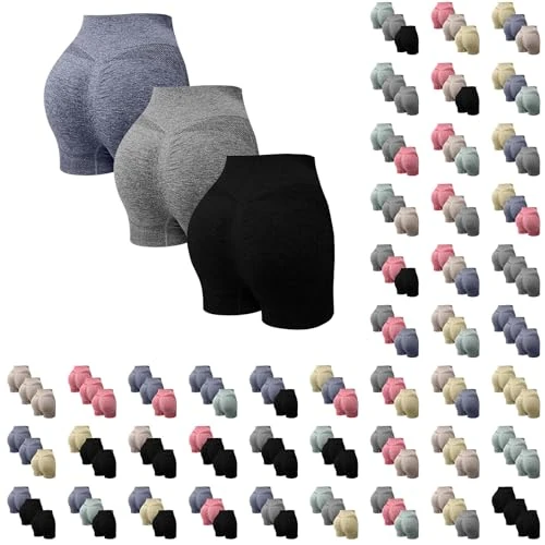 Offerta a tempo: Pacco Da 3 Pantaloncini Ciclismo Donna Estivi Stretch Leggins Push Up Booty Sportivi Corti Shorts Senza Cuciture Traspirante Leggin Tinta Unita A Vita Alta Pantaloncini Da Yoga Leggero Per Fitness - 0% da 19.98 € a 19.98 €