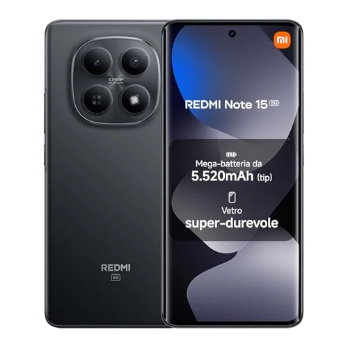 Offerta a tempo: XIAOMI REDMI Note 15 5G, Smartphone 8+512GB, Design ultrasottile, Resistenza IP65, Fotocamera super nitida da 108 MP, Display FHD+ da 6,77", Nero, Garanzia 2 anni, Caricatore non incluso - 9% da 329.90 € a 299.90 €