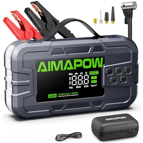 Avviatore Emergenza Auto 8000A con Compressore d’Aria 160PSI, Booster Batteria Auto/Moto 12V (Tutti i Motori Benzina/12L Diesel), 4,2" LCD & 600LM Jump Starter/Funzione di Avvio Forzato（A30）