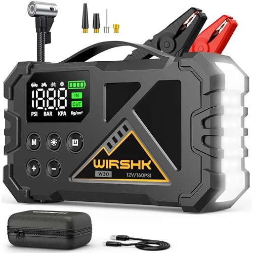 Offerta a tempo: WIRSHK Avviatore Batteria Auto 9000A con Compressore Aria 160PSI,Jump Starter 12V per All Gas or 10.0L Diesel,Display LCD Multifunzione con Visualizzazione Precisa,LED - 49% da 99.99 € a 50.53 €