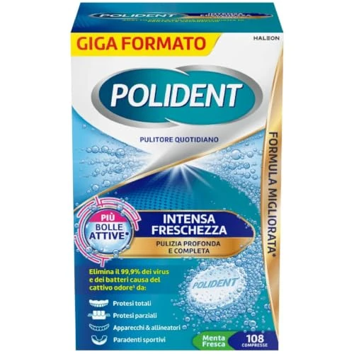 Offerta a tempo: POLIDENT - Detergente antibatterico per protesi dentali complete o parziali - Azione 4 in 1 - Elimina il 99,9% dei batteri responsabili dell'alito cattivo - 108 compresse - 37% da 17.48 € a 11.01 €