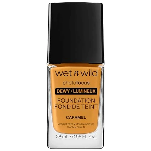 Wet n Wild, Photo Focus Foundation Dewy, Gewichtloze Foundation met Verzorgende en Lang Dragende Formule, Opbouwbare Dekking, Ideaal voor Normale tot Droge Huidtypes, Caramel