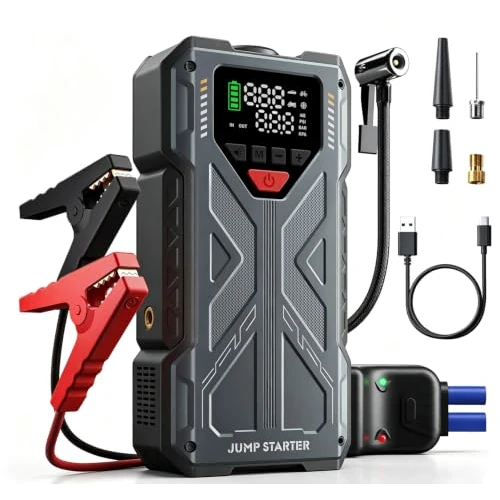 Oferta limitada: 9000A Arrancador de Baterias de Coche con Compresor de Aire Incorporado, 12V Arrancador de Emergencia Portátil (Todo Gasolina o 12L Diésel), Booster Bateria con Pantalla LCD, Linterna LED de 78.57 € a 78.57 € (ahorro 0.00%)