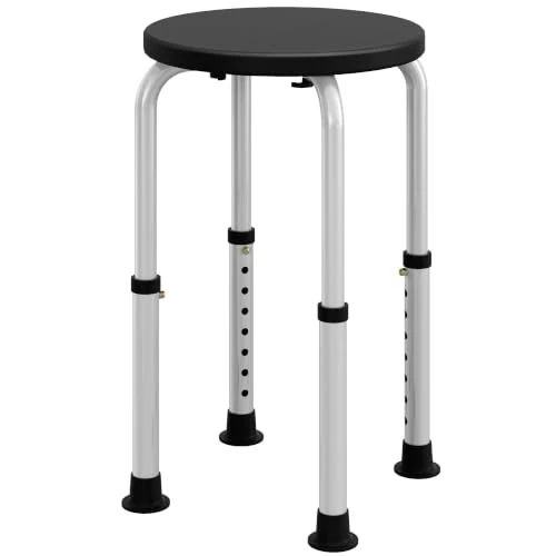 HOMCOM 360° draaibare douchekruk met antislipvoeten en in hoogte verstelbaar op 8 niveaus, douchekruk van aluminium en PE, 32,5 x 41 x 35,5-54 cm, zwart