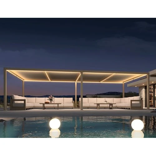 PURPLE LEAF Bioklimatische pergola van aluminium, 3,5 × 8,5 m, met led, pergola voor tuin, buiten, met draaibare messen, weerbestendig, uv-bestendig en waterdicht, voor grote terrassen, champagne