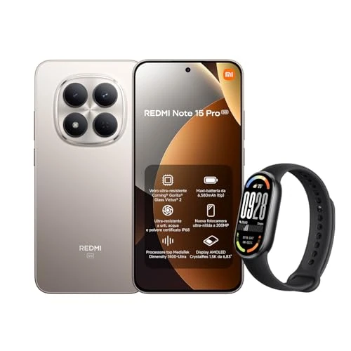 Xiaomi Redmi Note 15 Pro 5G, 12+512GB, Batteria massiccia da 6580 mAh, IP66/IP68, Nuova fotocamera 200 MP, Display AMOLED da 6,83", Titanio, Garanzia 2 anni, Caricatore non incluso + Smart Band 10