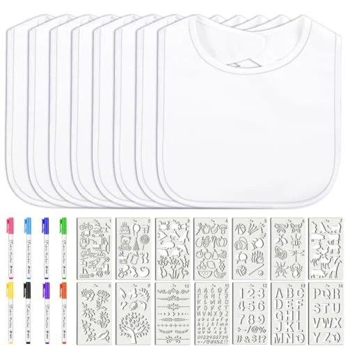 Offerta a tempo: Vicloon Bambino Bavaglino Bianco, 30 Pezzi Fai da Te per Giochi Baby Shower, Set di Bavaglini Bianchi con 8 Bavaglini per Bambini, 14 Stencil e 8 Penne, Regalo per Neonati (30 * 20 cm) - 40% da 17.99 € a 10.82 €