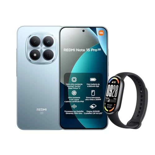 Xiaomi Redmi Note 15 Pro 5G, 12+512GB, Batteria massiccia da 6580 mAh, IP66/IP68, Fotocamera 200 MP, Display AMOLED da 6,83", Blu Ghiacciaio, Garanzia 2 anni, Caricatore non incluso + Smart Band 10