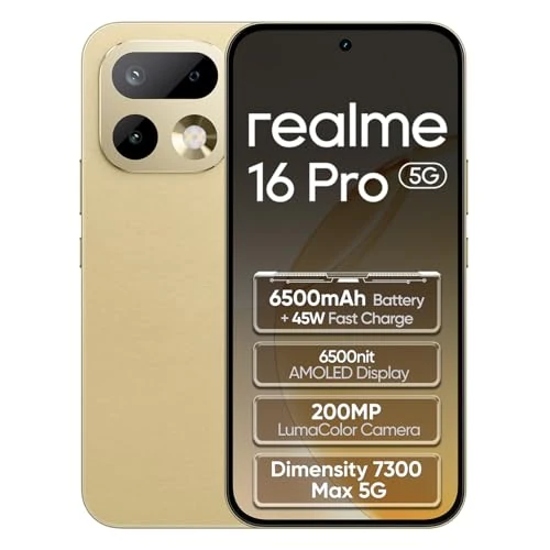 Offerta a tempo: realme 16 Pro 5G Smartphone 8+256GB,Master Gold,MediaTek Dimensity 7300 Max,6.78" 144Hz AMOLED,200MP OIS rear camera,50MP front selfie,6500mAh battery,80W ultra charge,NFC,eSIM,IP69 - 0.00% da 399.99 € a 399.99 €
