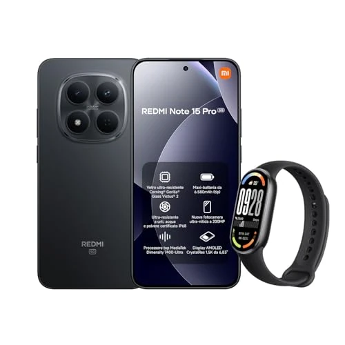 Xiaomi Redmi Note 15 Pro 5G, 12+512GB, Batteria massiccia da 6580 mAh, IP66/IP68, Nuova fotocamera 200 MP, Display AMOLED da 6,83", Nero, Garanzia 2 anni, Caricatore non incluso + Smart Band 10