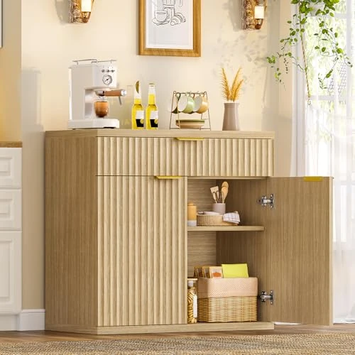 Offre limitée : TEENFON Buffet Salle a Manger Cannelé, Meuble de Rangement avec Tiroir et Étagère Réglable, Buffet Cuisine en Bois Naturel, Poignées Dorées, idéal pour Cuisine, Salon, entrée – 80 × 38 × 80 cm de 95.94 € à 99.99 € (-4.22% de remise)