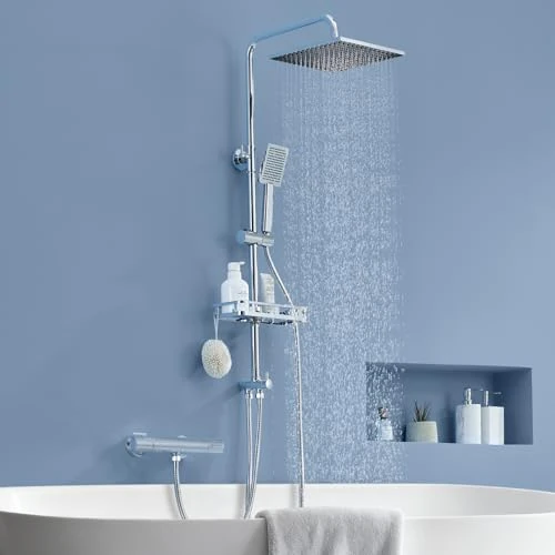 Auralum Deszczownica bez armatury prysznicowej, system prysznicowy ze stali nierdzewnej z półką bez wiercenia, kompletny zestaw z mosiężnym rozdzielaczem wody, 25 cm x 25 cm, drążek prysznicowy z