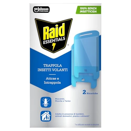 Offerta a tempo: Raid Essentials Trappola Insetti Volanti Doppia Ricarica Antimosche, Antimoscerini e Antitarme, Senza Insetticida, Protezione 24/7 dagli Insetti Volanti, per uso Interno, Confezione da 2 Ricariche - 40% da 7.99 € a 4.79 €