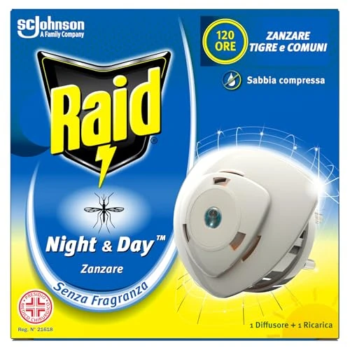 Raid Night & Day Basis mit Nachfüllpackung, gegen Mücken, Tigermücken, mit Sand, enthält 1 Diffusor und 1 Nachfüllpackung, ohne Duft