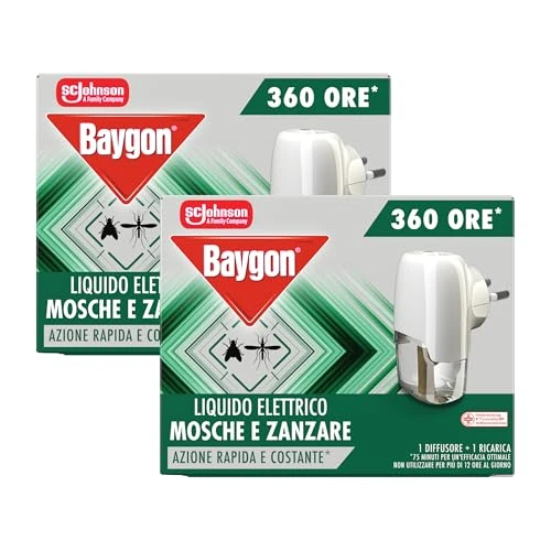 Offerta a tempo: Baygon Liquido Elettrico Anti Mosche e Zanzare, Azione Rapida e Costante, Confezione da 2 Diffusori e 2 Ricariche da 360 Ore Ciascuna - 40% da 10.99 € a 6.59 €