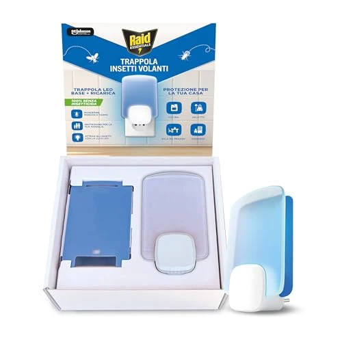 Offerta a tempo: Raid Essentials Trappola Insetti Volanti Base Antimosche, Antimoscerini e Antitarme, Senza Insetticida, Protezione 24/7 dagli Insetti Volanti, per uso Interno, 1 Trappola e 1 Ricarica - 33% da 14.99 € a 9.99 €