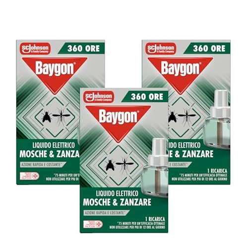 Offerta a tempo: Baygon Liquido Elettrico Anti Mosche e Zanzare, Azione Rapida e Costante, Confezione con Tripla Ricarica da 360 Ore Ciascuna - 39% da 13.99 € a 8.49 €