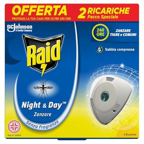 Raid Night & Day - Recarga antimosquitos, mosquitos tigre, de arena comprimida, paquete de 2 recargas, sin fragancia