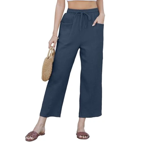 Offre limitée : Joligiao Pantalon Femme Été 3/4 Pantalon en Coton et Lin Décontractés Fluide Large Pantalon avec Poches Elegant Pantalon Taille Haute Élastique avec Cordon Loisirs Léger Pants de Plage(Marine,M) de 8.99 € à 8.99 € (0.0% de remise)