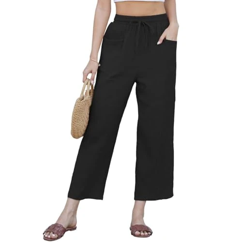 Offerta a tempo: Joligiao Pantaloni Donna Estivi Leggeri Pantaloni Capri in Lino Cotone con Coulisse a Comodi 3/4 Pantalone Larghi con Tasche Tinta Unita Casual Elastico Pants Pantalone da Spiaggia(Nero,M) - 55% da 21.99 € a 9.99 €