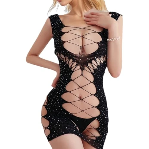 Tijdelijke aanbieding: ZYOMVUN Feestjurk voor dames, babydoll, net, babydoll, sexy, mouwloos, transparant, met glinsterende strassteentjes, ondergoed, bodysuit van 4.99 € naar 4.99 € (0.00% korting)