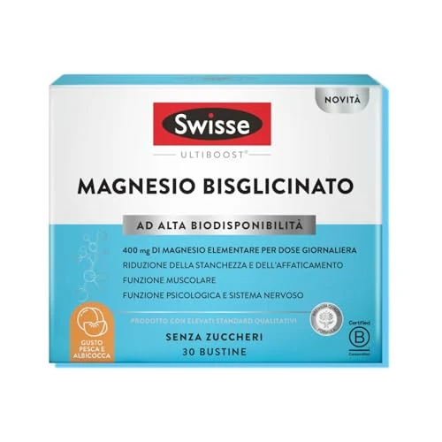 Offerta a tempo: Swisse Ultiboost Magnesio Bisglicinato - 400mg di Magnesio/Dose Giornaliera, Integratore per Riduzione Stanchezza e Affaticamento, Funzione Muscolare, Gusto Pesca e Albicocca, 30 Bustine - 34% da 19.90 € a 13.15 €