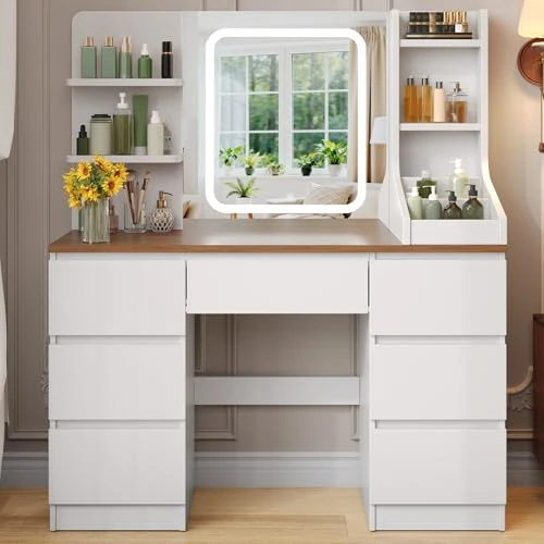 Offerta a tempo: TRIUMPHKEY Toeletta da Trucco con Luci LED,Postazione Trucco,Toletta con Specchio,Tavolo da Trucco on 4 Ripiani,7 Cassetti e 3 Scomparti Aperti,Moderna (Bianco e Legno) - 0.00% da 159.99 € a 159.99 €