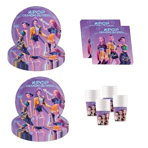 Procos - Decorazione per compleanno KPop Demon Hunters, 52 pezzi, piatti, bicchieri e tovaglioli di carta per feste di compleanno per bambini, articoli per la tavola