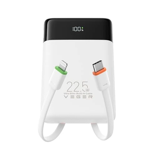 VEGER 10 000 mAh Power Bank z wbudowanymi kablami, przenośna ładowarka 22,5 W, smukły kompaktowy USB C Powerbank LED z 4 wyjściami i 3 wejściami, kompatybilny z iPhone Huawei Xiaomi