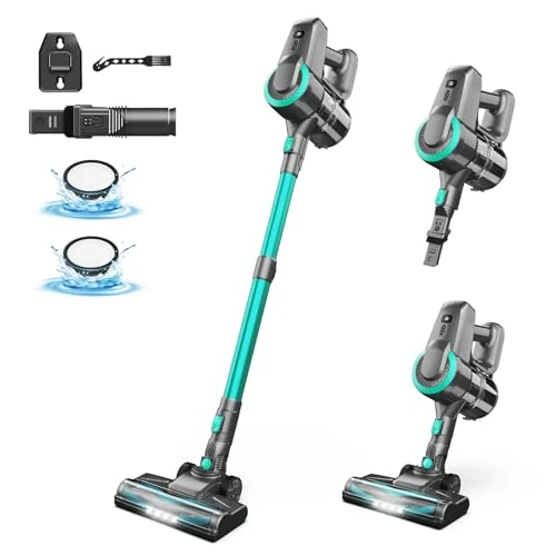 Kabelloser Staubsauger, 6 in 1, kabelloser Staubsauger, leistungsstarker Staubsauger, Akkulaufzeit 55 Minuten & 2 Geschwindigkeitsstufen, Anti-Verhedderungsbürste, Staubsauger ohne Beutel für