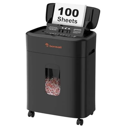 Bonsaii Distruggidocumenti, taglio micro-particellare P4, alimentazione automatica fino a 100 fogli, sistema anti-intasamento, 30 min continuo, contenitore da 16L – Per ufficio e casa, C231-D