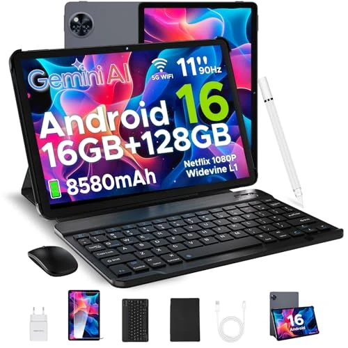 DOOGEE U11 Android 16 Tablet 11 Zoll, 16 GB + 128 GB/2 TB TF Tablet mit Tastatur, 90 Hz, 8580 mAh, 7,9 mm Thin, Unisoc T7200 Octa Core/13 MP/Widevine L1/Face ID, Tablets mit Stift & Maus & Case - Grau