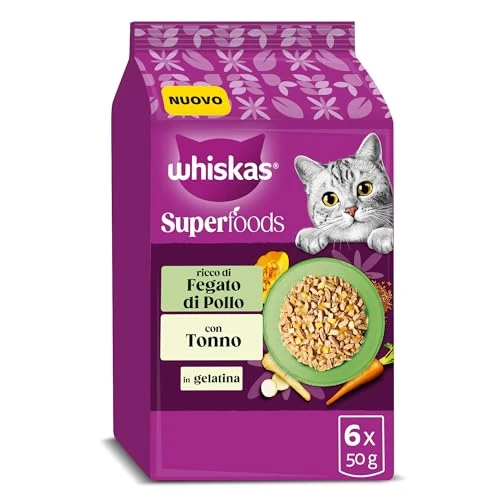 Offerta a tempo: WHISKAS SUPERFOODS Cibo Umido in Gelatina per Gatti Adulti 6x50g Mix, confezione da 12 - 43% da 33.00 € a 18.79 €