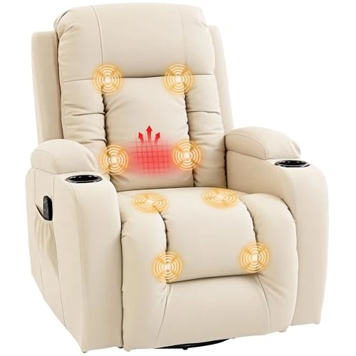 Offerta a tempo: HOMCOM Poltrona Massaggiante Reclinabile Manuale 145° Riscaldante, 8 Punti di Massaggio, Poltrona Relax Girevole con Dondolo, Poggiapiedi, Telecomando, Portabicchieri, Tasche Laterali, Pelle PU, Crema - 8% da 315.95 € a 290.67 €