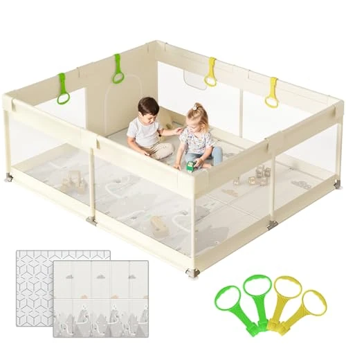 Cafolatt Laufstall Baby mit Matratze - 150×180cm Großer Baby Laufstall mit Netzseiten, Laufstall XXL mit rutschfester Basis, Oxford Stoff(Beige)