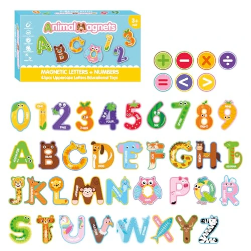 Offerta a tempo: 43 pezzi di giocattoli magnetici colorati, lettere magnetiche e numeri per bambini ragazzi ragazze apprendimento regalo montessori giocattoli, magneti con animali dei cartoni animati - 30% da 9.99 € a 6.99 €