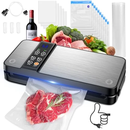 Offerta a tempo: Macchina Sottovuoto Alimenti 8 in 1, Professionale 80KPA Vuoto Veloce e Display Digitale a LED,Stoccaggio Rotoli con Taglierina per Alimenti Freschi Secchi e Umidi Buste (Argenteo) - 29% da 59.99 € a 42.86 €