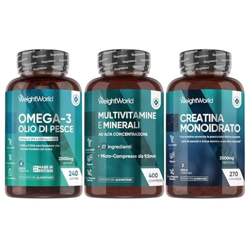 Omega 3 Olio di Pesce, Multivitaminico Completo e Creatina Monoidrata Bundle, 240 Softgel + 400 Compresse + 270 Compresse, Omega 3 con EPA e DHA, 27 Vitamine e Minerali, Creatina Pre e Post Workout