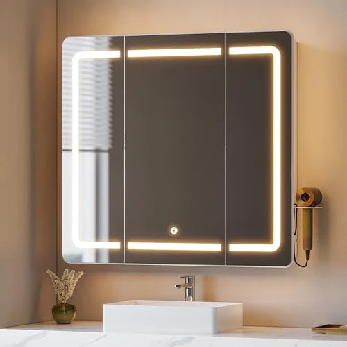 Zeitlich begrenztes Angebot: Hzuaneri Spiegelschrank Bad mit LED-Beleuchtung, Badezimmer Spiegelschrank, 3 Farbtemperatur Dimmbare, Badezimmerschrank mit Spiegel und Verstellbare Regale, 16,5 x 80 x 75 cm Weiß MC30003XEU von 95.99 € auf 85.99 € (10% Rabat