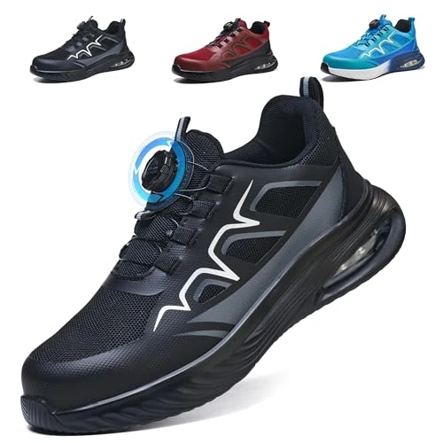 MIEHUIAI Scarpe Antinfortunistiche Uomo Leggere Scarpe da Lavoro Donna con Punta in Acciaio Traspiranti Scarpe Sicurezza Antiscivolo(Nero,46EU)