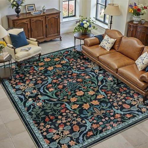 Offerta a tempo: PureCozy Tappeto Salotto 160x230cm Floreale Pelo Corto Antiscivolo Morbido Retro Lavabile Tappeti per Cucina Corridoio Piedi Del Letto Camera Da Letto Salotto Blu Rug - 41% da 63.99 € a 37.60 €
