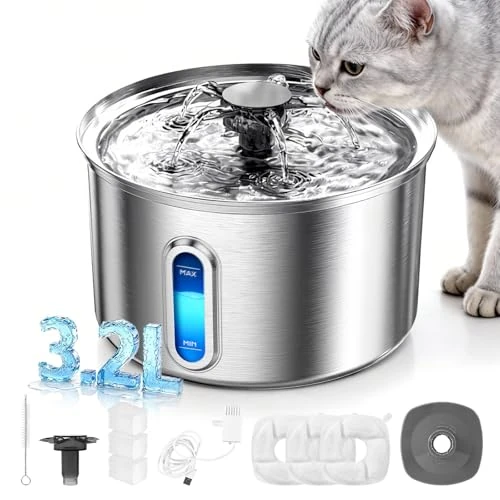 Fontanella per Gatti Acciaio Inox, 3.2L/108oz Fontana per Gatto con Sistema di Filtrazione a Cinque Stadi, 25dB Ultra silenziosa, 5W Basso Consumo, Adatto per gatti, cani e piccoli pets +3 Filtri