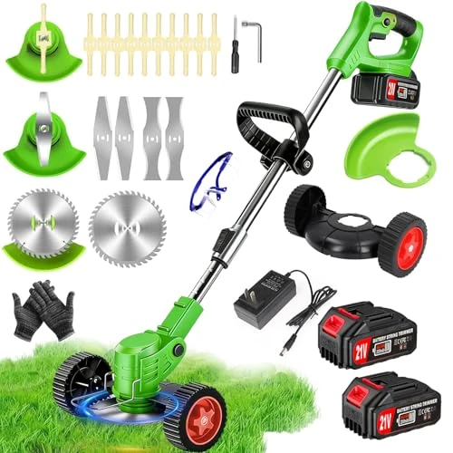 Offerta a tempo: Decespugliatore a Batteria, Tagliabordi Elettrico 21V,Tagliaerba a Batteria con 2 2.0Ah Batterie e 4 Tipi di Lame, Ruote Rimovibili, Decespugliatori da Giardino Altezza Regolabile per Prati,Arbusti - 54% da 123.54 € a 56.99 €
